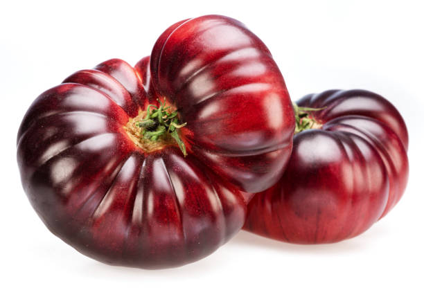 istock Ripe black or purple tomatoes isolated on white background. 1569619690