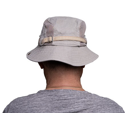 a man from behind with a wide-brimmed beige hat