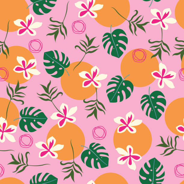 ilustrações de stock, clip art, desenhos animados e ícones de floral seamless pattern. monstera leaves, wildflowers and polka dots. allover printed whimsical arrangement of foliage motifs - rainforest cheese plant philodendron leaf vein