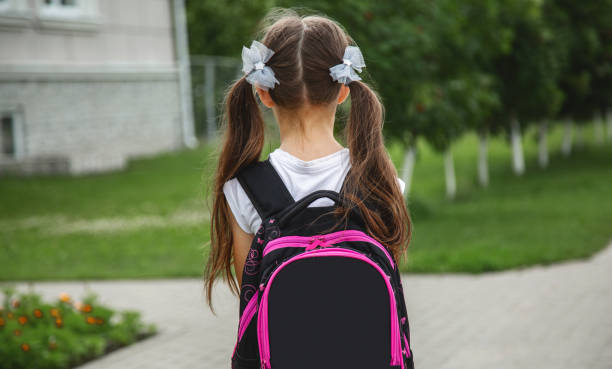 istock Little girl with backpack going to school, back view. Back to school 1569639136