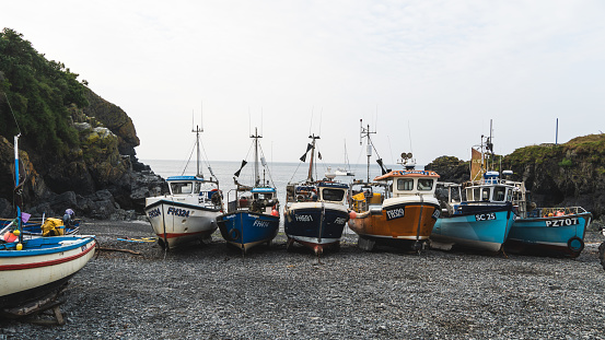 Cadgwith, Cornwall, UK - July 1, 2023.  Traditional Cornish fishing boats out of the water and on the pebble beach at the popular tourist destination of Cadgwith in Cornwall