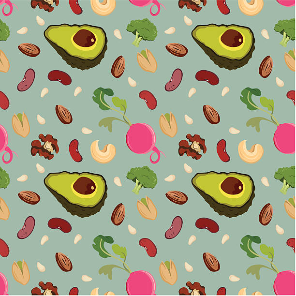 ilustraciones, imágenes clip art, dibujos animados e iconos de stock de comida saludable patrón - bean avocado radish nut