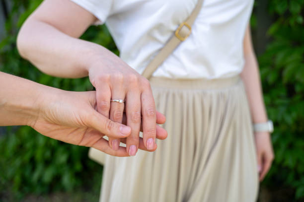 istock Woman with engagement ring on her hand 1569703223