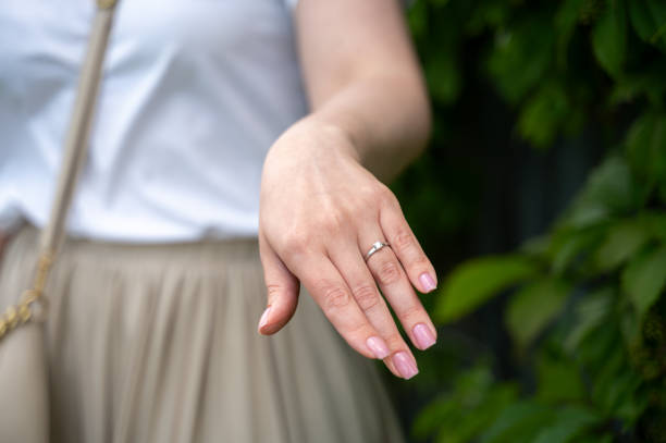 istock Woman with engagement ring on her hand 1569706541