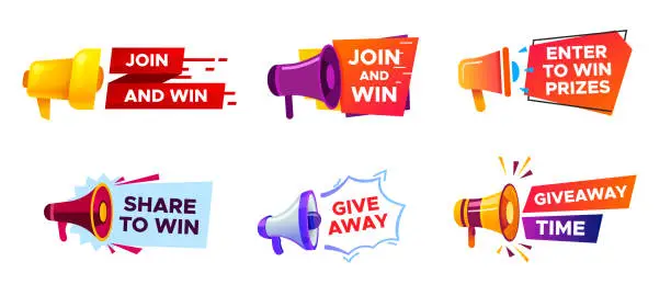 Vector illustration of Giveaway banner with megaphone. Winning prize in contest, loudspeaker announcing competition, random winner