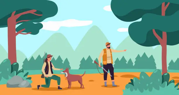 Vector illustration of Hunter male and female in camouflage clothes with dog in forest. Outdoor woodland scene, woman taking duck from hound
