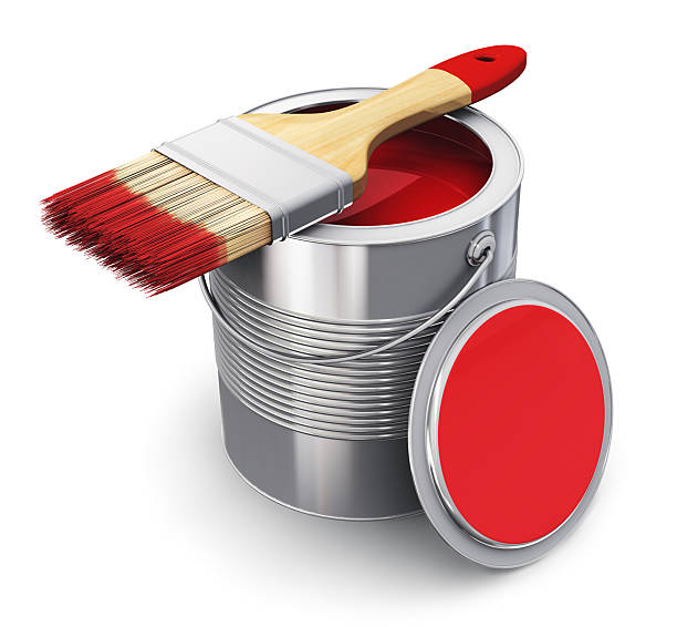 pode com pincel e tinta vermelha - paint home improvement paint can decorating imagens e fotografias de stock