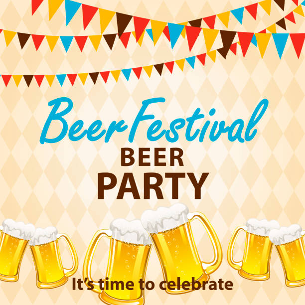 Beer Festival Party Invitation with Checked Pattern Beerfest celebration party poster with colorful bunting and beer toasting on the checked pattern background of a cheers beer mugs stock illustrations