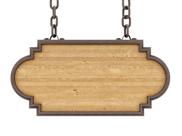 Wood sign render of a wood sign, isolated on white hanging signboard stock pictures, royalty-free photos & images