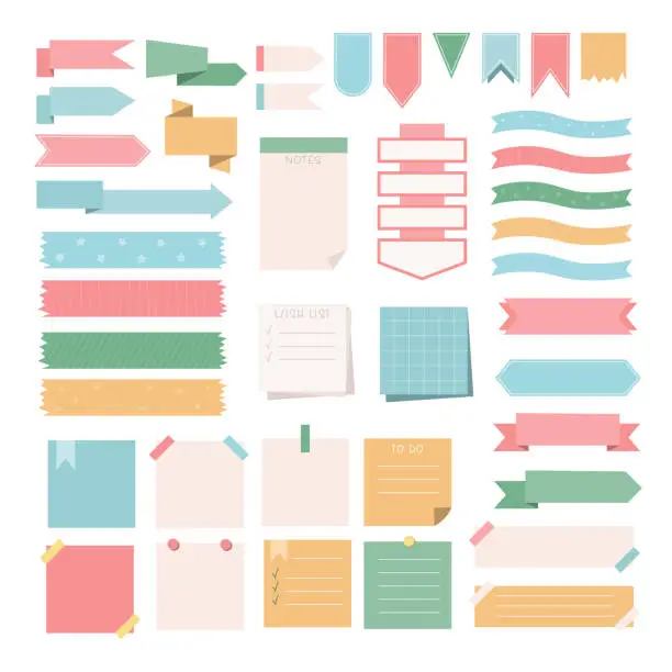 Vector illustration of Notes Sheets and Stickers Collection. Scrapbooking Design Elements. Ribbons, Reminders and Bookmarks Set.