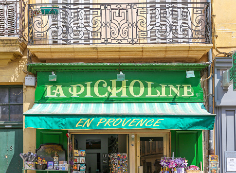 Aix-en-Provence, France - August 30, 2018: 'La Picholine' (the Picholine is a type of olive grown in France) a traditional French shop in Aix-en-Provence, Provence