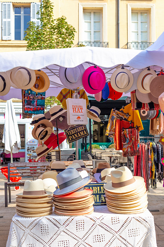 Aix-en-Provence, France: August, 31. 2019- Summer straw hats at a market in Aix-en-Provence