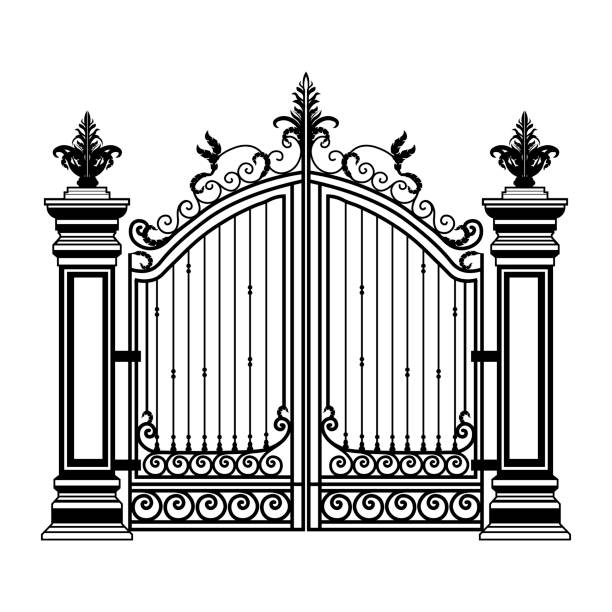 Metal gate sketch. Vector illustration of decorative forging of a two-door garden gate.