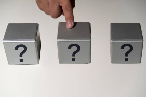 Box with a question mark, pointing at the box with a finger