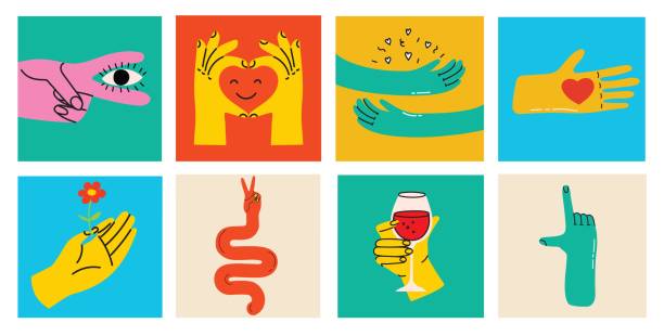 groovy hipisowski zestaw kolorowych rąk z różnymi gestami. ręce z sercem, oczy, razem ręce itp. ręcznie rysowana ilustracja wektorowa. - ręka obrazy stock illustrations