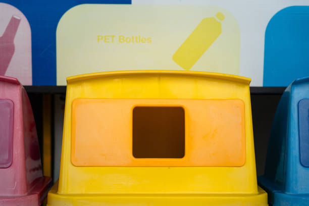 Separately type of waste bins are in different color, for determine the correctly type of disposal junk. Clean environmental equipment and object photo. Close-up and selective focus.
