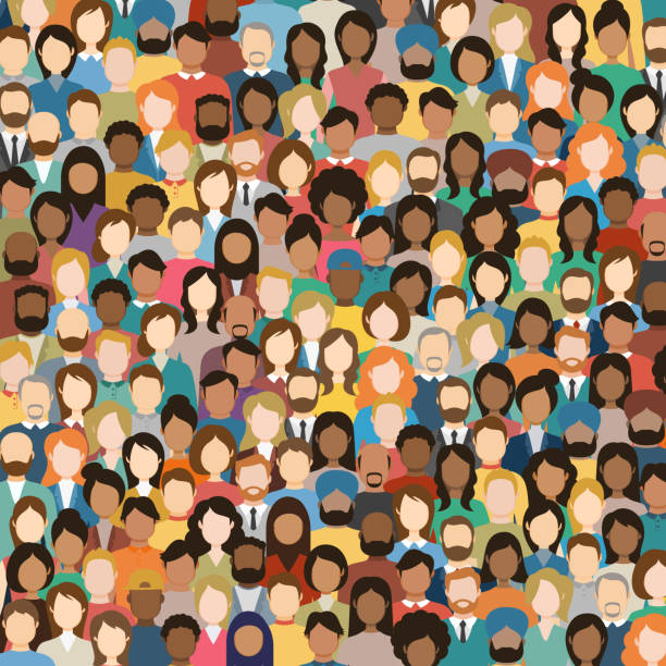 다문화 군중. 다른 남자와 여자의 그룹입니다. 젊은이, 성인 및 노인. 유럽인, 아시아인, 아프리카인, 아라비아인. 텅 빈 얼굴. 벡터 그림입니다. 정사각형 구성 - crowd stock illustrations
