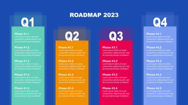 Vector illustration of Blue modular geometric roadmap with four colorful columns. Timeline infographic template for business presentation. Editable.