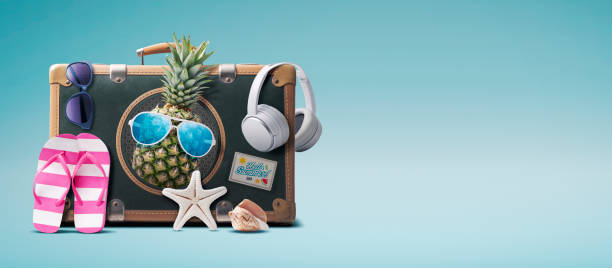 istock Vintage suitcase with funny pineapple and beach accessories 1569774954