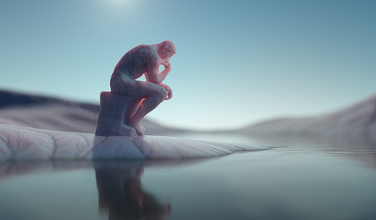 Abstract image of a thinking man sitting down. Confusion and overthinking concept. This is a 3d render illustration