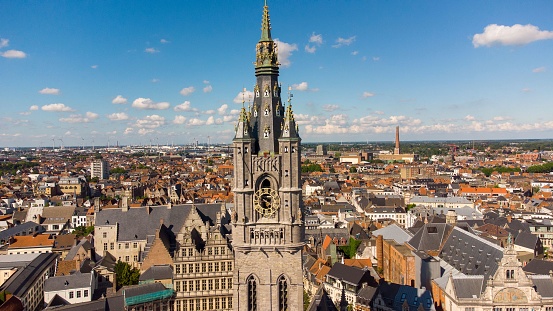 Aerial view of the historic Belfry of Ghent, located in the city center of Ghent, Belgium