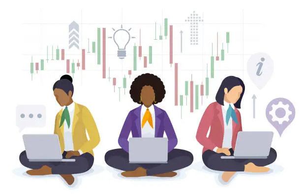 Vector illustration of Multi-ethnic Group of Businesswomen Characters. Traders Working on Laptop. Financial analyst. Different poses design.