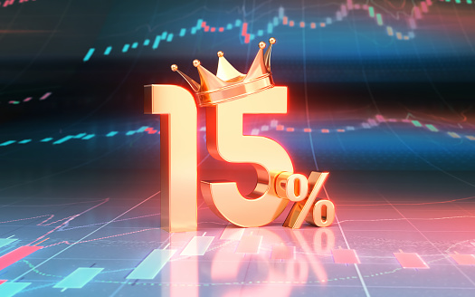 3d render King Crown 15 Percent Sign sitting on Finance chart (Depth Of Field)