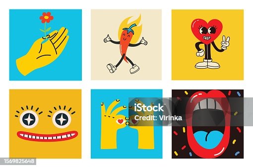 istock 70's groovy square posters, cards or stickers. Retro print with hippie cute colorful funky character concepts of crazy geometric, dripping emoticon. Only good vibes sentence 1569825648