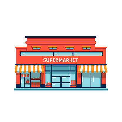 Supermarket grocery store building isolated on white background. Shop building in flat style. Vector stock