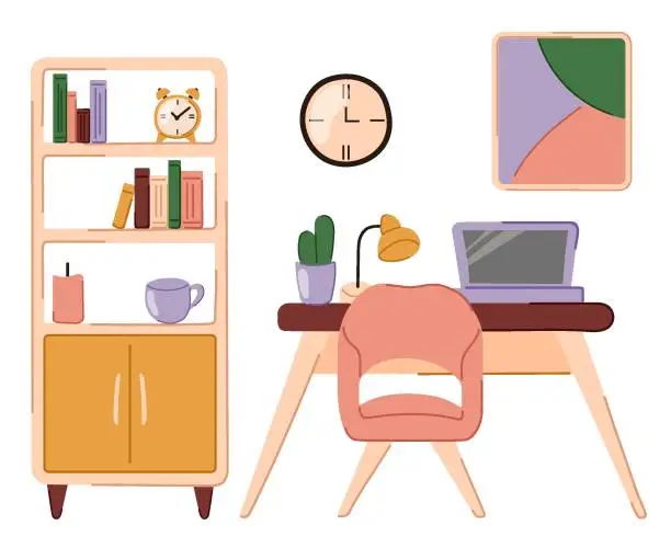 Vector illustration of Home office flat design vector illustration. Doodle illustration of modern interior with laptop. Interior with desk, plant, books, chair. Home office and working from home concept. Interior for freelancer.