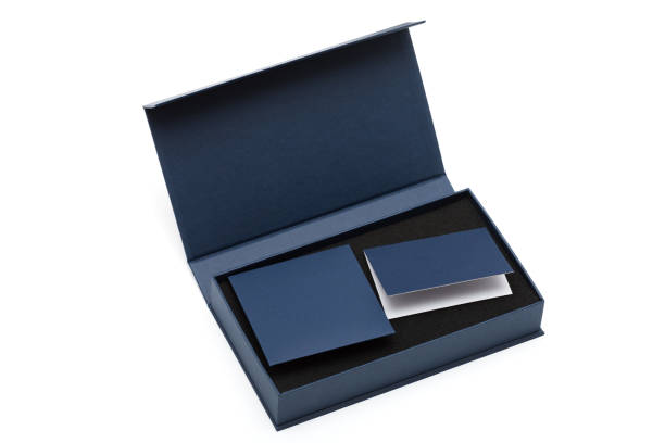 istock Open dark blue box on white background with certificates of quality without inscriptions. 1569834843