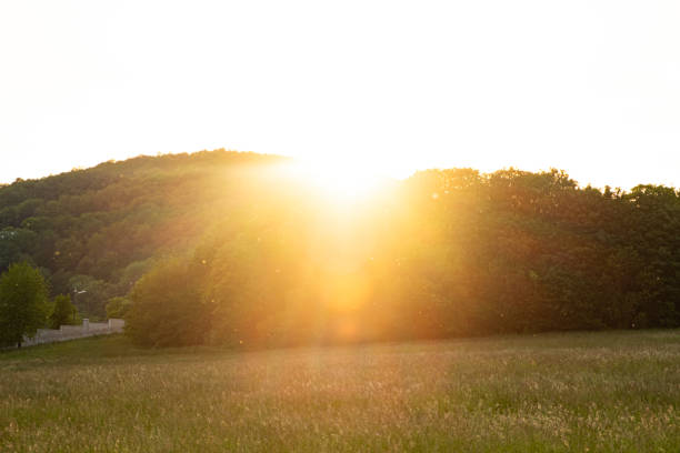 The rays of the setting sun over the low forested mountains