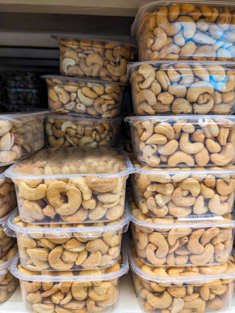 Cashews in plastic packages in the supermarket.