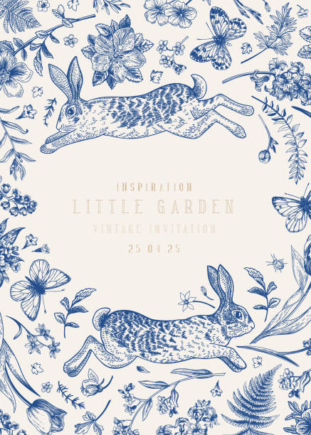 Frame with two rabbits. Blue. Vector botanical frame with two rabbits and butterflies. Little garden. Blue. cute baby animals in wild stock illustrations