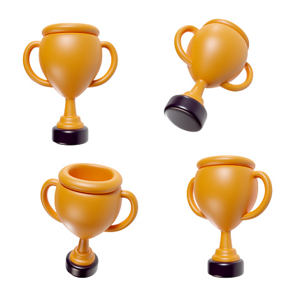 Set vivid cartoon golden champion cup various view isolated on white background. Collection minimal bright render trophy in toy style. Cute 3d illustration.