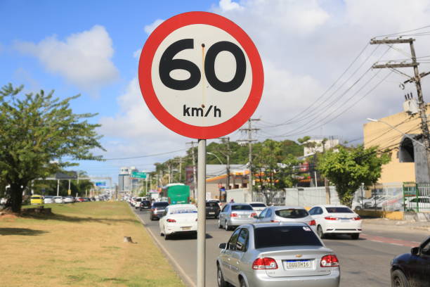 salvador, bahia, brazil - february 13, 2023: traffic sign indicates maximum speed of 60 kilometers per hour on public road in the city of Salvador.