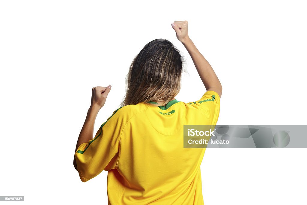 Vibrating for Brazil soccer team Image from Brazilian iStockalypse (MIS) Sao Paulo - A Brazilian girl wearing a Brazilian soccer team t-shirt, cheering for its team. Rear View Stock Photo
