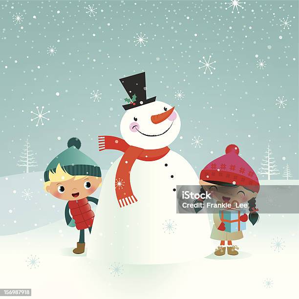 Crianças Com Boneco De Neve - Arte vetorial de stock e mais imagens de Boneco de neve - Boneco de neve, Criança, Estilo retro