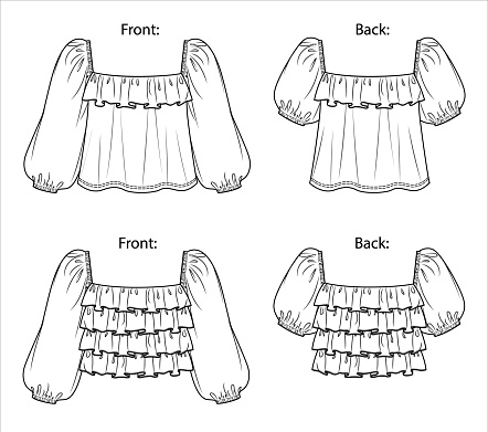 Vector long sleeved top with frills fashion CAD, woman cropped square neck balloon sleeve blouse technical drawing, template, mock up, sketch. 4 pieces blouse set flat, front, back view, white color