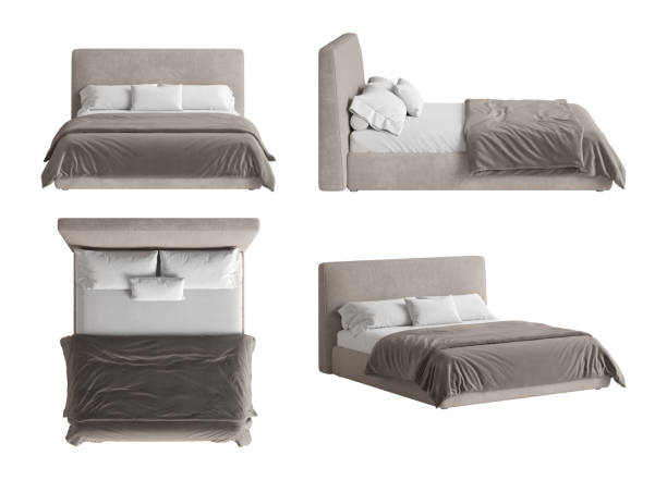 set von vier ansichten mit einfacher form, modernes bett mit beigefarbenem textilbezug, weißen kissen auf einer möbelrolle, brauner decke auf der matratze mit weißer bettwäsche. vorderansicht, seite, draufsicht, perspektivische ansicht. - bett stock-fotos und bilder