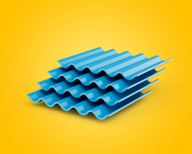 3d mar azul pilhas metálicas de ferro galvanizado corrugado para telhado folhas ilustração 3d - sheet metal aluminum wall architecture - fotografias e filmes do acervo