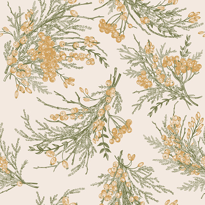 Seamless floral pattern with green branches and golden berries. Vintage background. Green and gold.