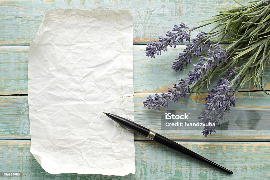 Flowers on vintage wood with blank Lavender - Plant Stock Photo