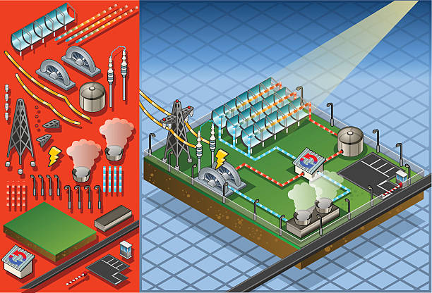 isometric termo solar roślina w produkcji energii - heat exchanger stock illustrations