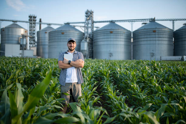 istock Portrait of smiling farmer working with technology in corn field. 1569903612