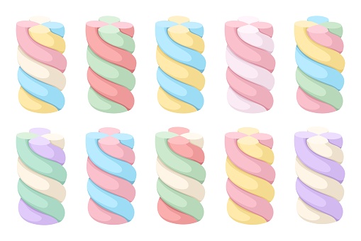 Collection of twist marshmallows in different colors. Vector illustration isolated on white background. Stock vector.