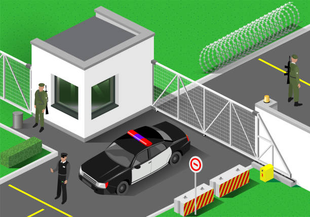 ilustrações, clipart, desenhos animados e ícones de ponto de controlo de uma zona secreta aduaneira - security security system security staff control