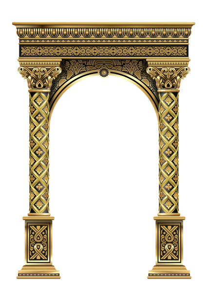 Golden luxury classic arch portal with columns Golden luxury classic arch with columns. The portal in Baroque style. The entrance to the fairy Palace colonnade stock illustrations