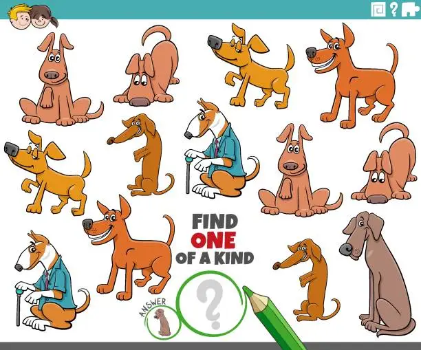 Vector illustration of one of a kind task with funny cartoon dogs