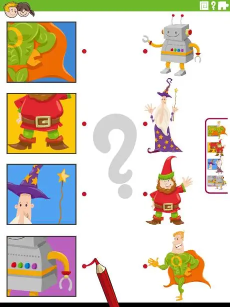 Vector illustration of match cartoon fantasy characters and clippings educational game